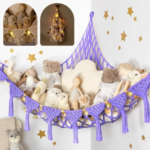 TIDYTEDS Macrame DreamLights Boho Stuffed Animal Storage Net Hammock Extra Large Plush Toy Storage Holder For Small Or Large Plushies PURPLE (Purple) by TIDYTEDS