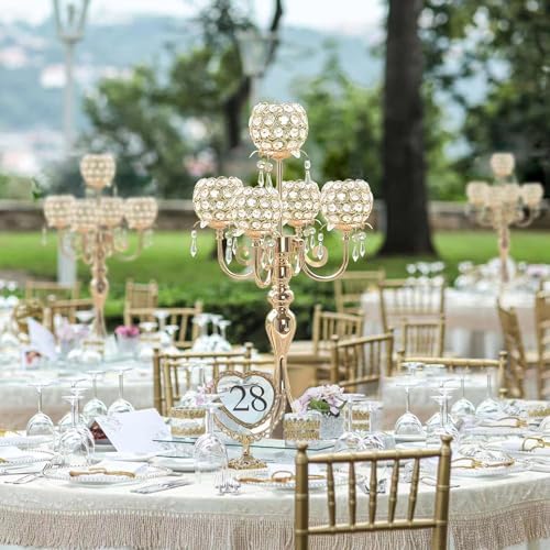5 Arm Gold Candle Holder 22.5 Inch Tall Crystal with Pendant, Romantic Home Decor Elegant Candlestick Holder for Dates Wedding Receptions Holiday Party Important Events - Image 4
