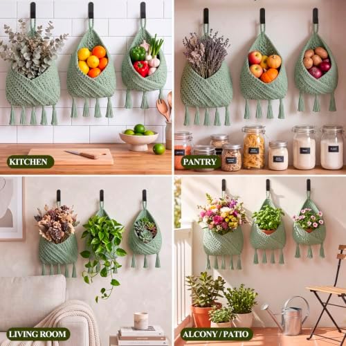 Honeydak 3 Hanging Baskets, Sage Green, Triangular Tassel, Jute - Image 6