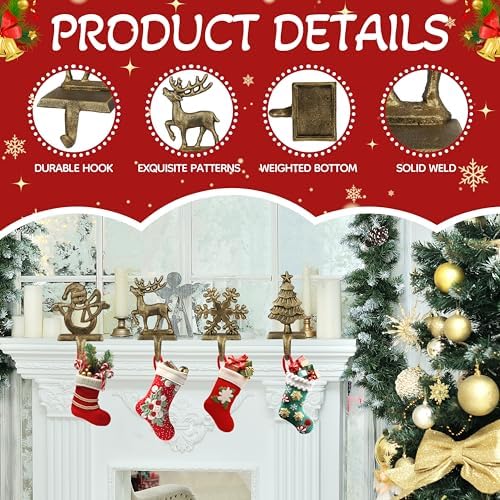 OCTERIC 4Pcs Stocking Holders, Reindeer Snowman Snowflake Christmas Tree Metal Mantel Hooks, Anti-Slip Heavy Duty Solid Cast Iron Mantle Hangers Xmas Décor for Fireplace Holiday Indoor Decoration - Image 3