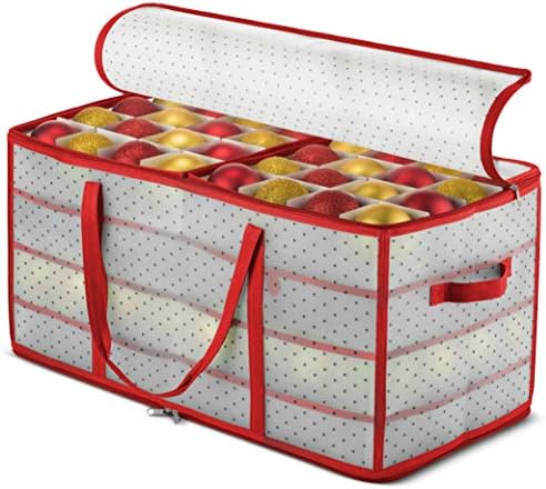 ZOBER Christmas Ornament Storage Box - Stores 128 Ornaments W/ 2 Sided Zipper - Flexible Plastic Christmas Ornament Storage Containers - 3 Inch Cube Compartments - Red by ZOBER