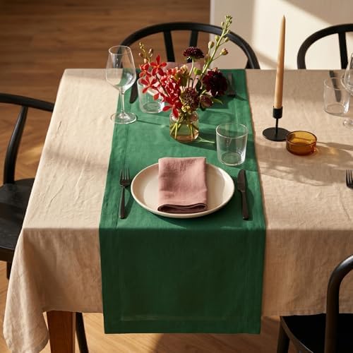 Solino Home 100% Pure Linen Table Runner Pine Green Long, Fete 14 x 108 in by SolinoHome
