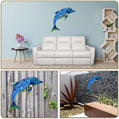 John's Studio Dolphin Wall Decor Outdoor Metal FIsh Sea Hanging Art Glass Sculptures Home Ocean Theme Decorations for Living Room, Bedroom, Yard, Fence and Patio - 17.5 Inches - Image 4
