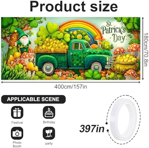 6x13 FT St. Patrick's Day Garage Door Banner -Green Vintage Truck & Gnome with Clover Rainbow Backdrop,Large Indoor Outdoor Garage Door Cover,Holiday Decoration for Home, Yard,Party - Image 2