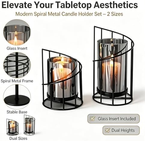 Metal Wire Candle Holder Set with Glass Inserts, Gold and Black Decorative Tea Light Holders, 2 Piece Set, 16cm and 20cm - Image 5