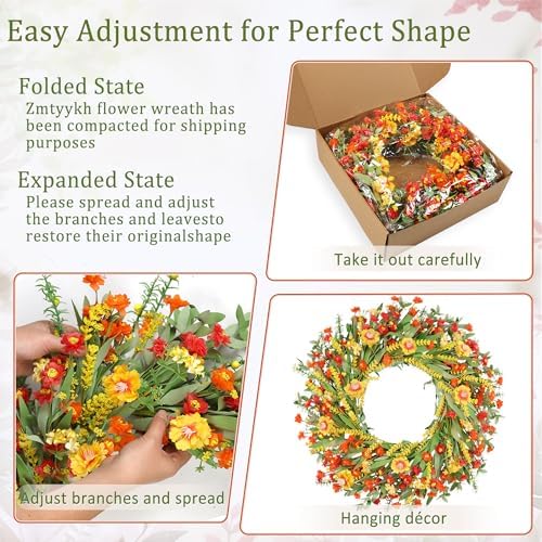 26" Floral Wreath, Artificial Spring Wreaths for Front Door, with Wildflower Portulaca Flowers, Indoor Outdoor Porch Window Wall Home Decor for Valentine’s Day Easter, Summer & Wedding Orange - Image 3