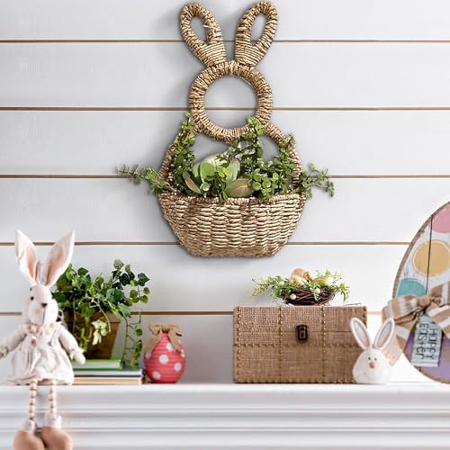 Bunny Basket Hanging Wall Pocket Spring Decor - Hand Woven Wicker Easter Basket - Bunny Hanging Ornament, Wicker Easter Baskets Rabbit Statue Spring Wreath for Front Door - Image 6