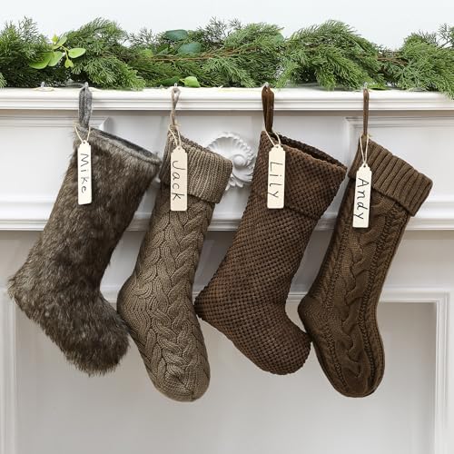 8 Pcs Neutral Christmas Stockings Set, 20'' Farmhouse Plush Faux Fur & 18'' Earth Tones Brown Cable Knitted Fireplace Xmas Stockings with Name Tags for Family Holiday Decor - Image 4