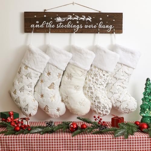 Amorita White Christmas Stockings Set of 5 - Lage Elegant Xmas Stockings with Golden Christmas Tree Snowflake Designs, Fluffy Grey and White Christmas Stockings for Holiday Party Decorations 20 inch - Image 4