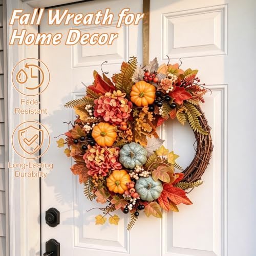 Fall Wreaths for Front Door, Artificial Pumpkin Hydrangea Autumn Wreath - Image 3