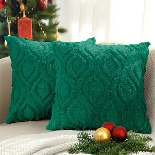 decorUhome Faux Fur Plush Soft Green Throw Pillow Covers 26x26 Set of 2 by decorUhome