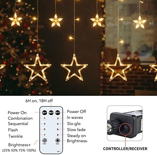 Star Curtain Lights for Bedroom - Plug-in 9ft 138 LED Fairy Twinkle Lights with 12 Star Drops, Connectable Window Lights with Remote 8 Lighting Modes for Indoor Xmas Ramadan Decoration, Warm White - Image 5