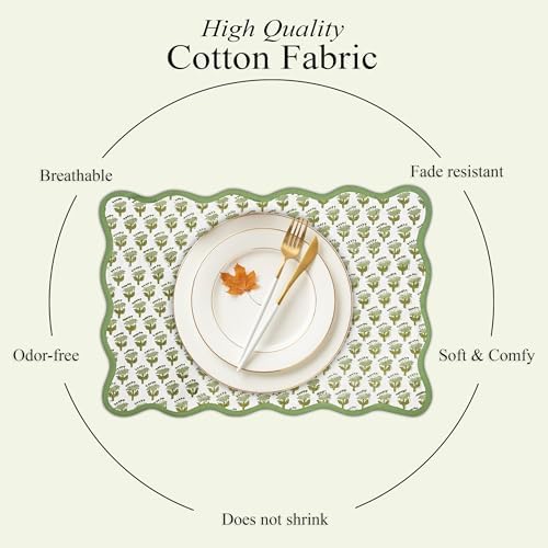 CPC Cotton Placemats Emerald Green Set of 4-Hand Block Printed Reversible Placemats, Flower Scalloped & Embroidered Cloth Table Mats - 14 x 20 inch Gift for Spring, Mother's Day - Image 5