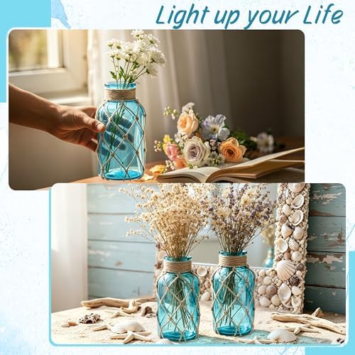 Coastal Glass Vases for Flowers,Boho Rope Mason Jars for Centerpiece,Nautical Beach Decorative Bottles for Home,Bedroom,Bathroom, Beach Wedding Floral Arrangement Decor (2, Aqua Blue) - Image 5