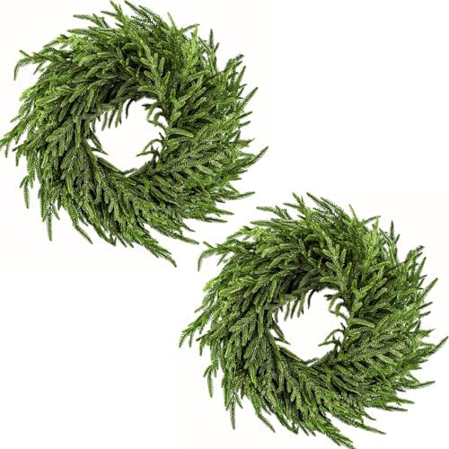 ENVEN 2 Pack Artificial Christmas Wreaths for Front Door, Norfolk Pine & Cedar Greenery with Red Velvet Bows, Real Touch Holiday Wreaths for Indoor Outdoor Decoration, No Assembly Needed by ENVEN