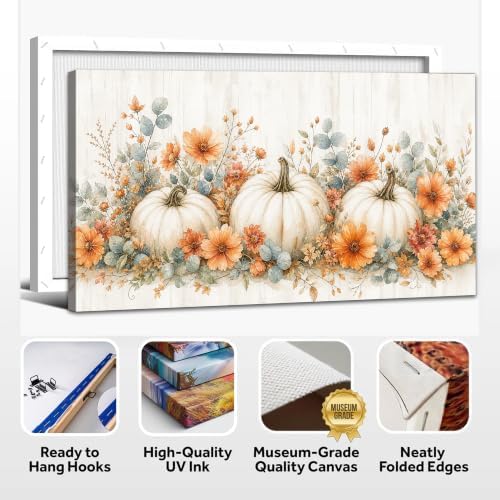 WAXWHELK Pumpkin Fall Canvas Wall Art, White Pumpkins and Orange Flowers Autumn Painting Pictures, Rustic Farmhouse Artwork for Living Room Bedroom Thanksgiving Home Decor (12"x24") - Image 6