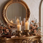 Gold Hurricane Candle Holder with Glass Cylinder Metal Pedestal Candlestick - Image 4