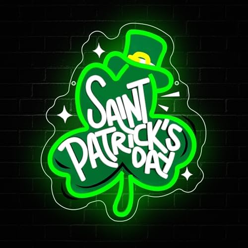 St Patrick's Day Neon Sign, Lucky Clover Happy St Patrick's Day Led Neon Light Signs for Wall Decor Party Favor Green Lucky Leaf Sign for Arbor Day Store Decorations Gift Dimmable USB Powered by Unknown