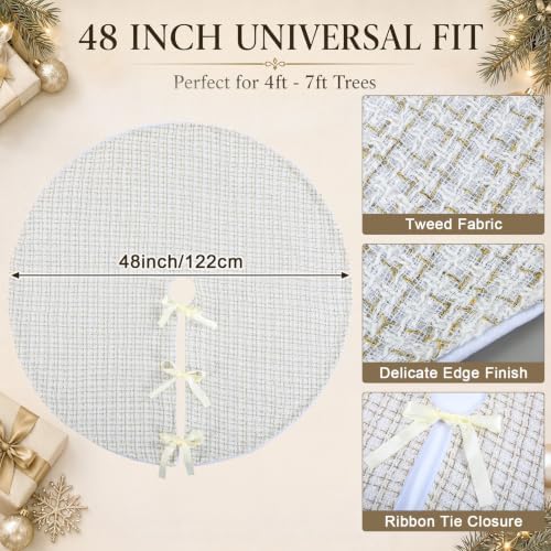 Blueweenly 48 Inch Christmas Tweed Tree Skirt Faux Vintage Linen Cream White Tree Skirt Rustic Farmhouse Trees Skirts for Christmas Trees Winter Holiday Decorations - Image 2