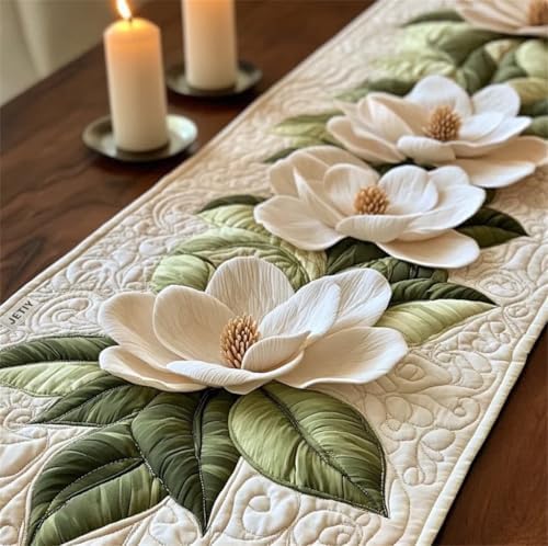 Quilted Table Runner, 3D Floral & Animals Design, Farmhouse Rustic Home Decor, for Dining Table Kitchen Holiday (A12,14x48 inches) by SodaMeow