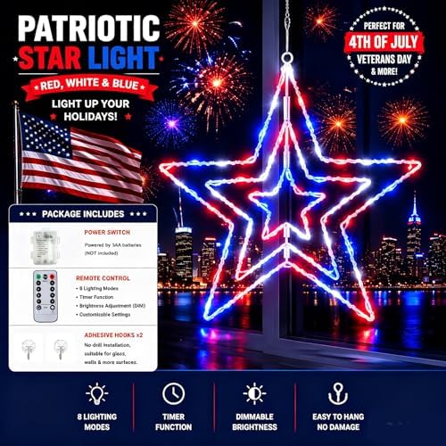 2 Pcs 4th of July Window Decorations Lights, 13.8In Red White and Blue Lights Patriotic Star Light Battery Operated with Timer & 8 Modes 4th of July Decorations Indoor for Home Porch - Image 5