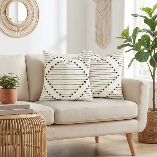 Mecatny Boho Outdoor Throw Pillow Covers 18x18 Set of 2 Beige & Black - Image 2