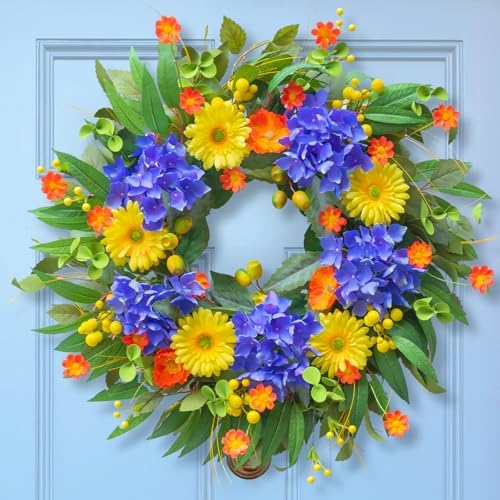 Spring Summer Wreaths for Front Door, Soomeir 24 Inch Door Wreath with Blue Hydrangea, Daisy and Poppies, for All Seasons Outside Indoor Outdoor Home Farmhouse Wedding by SoomeirWreath
