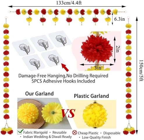 Marigold Garland Hindu Diwali Wedding Toran Flower Hanging Pooja Decor 3PCS - Image 6