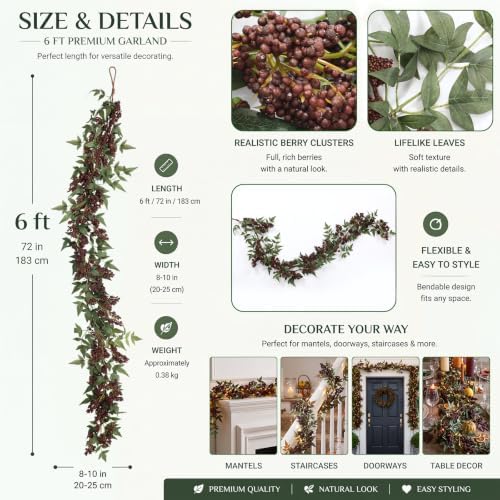 6ft Faux Dusty Plum Berry Garland with Lights, Fall Mantel Decor - Image 3
