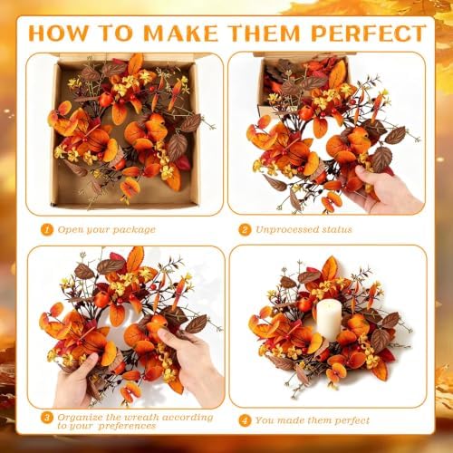 6 PCS Fall Candle Ring Wreaths Artificial Autumn Eucalyptus Candle Wreath with Leaves Berries Flowers Thanksgiving Farmhouse Harvest Wreath Candle Holder for Pillar Candles Table Centerpiece Decor - Image 4