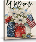Ship Next Day - Red White Blue Mason Jar Canvas Wall Decor, Framed Patriotic American Floral Painting, 4th of July Independence Day Home Wall Art, Made in USA by ZERILYN