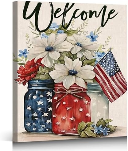 Ship Next Day - Red White Blue Mason Jar Canvas Wall Decor, Framed Patriotic American Floral Painting, 4th of July Independence Day Home Wall Art, Made in USA by ZERILYN