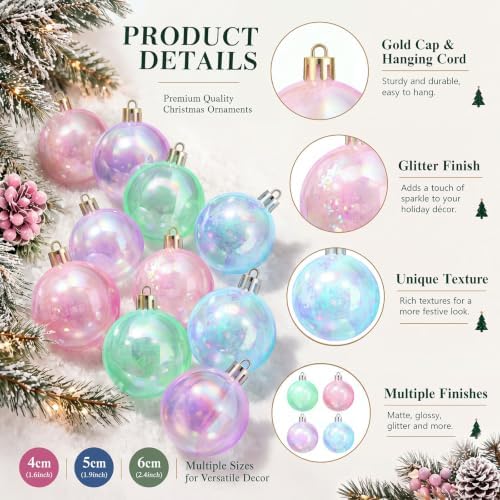 Lunmon 64 Pcs Colorful Iridescent Christmas Ornament Pastel Clear Xmas Ball - Image 4