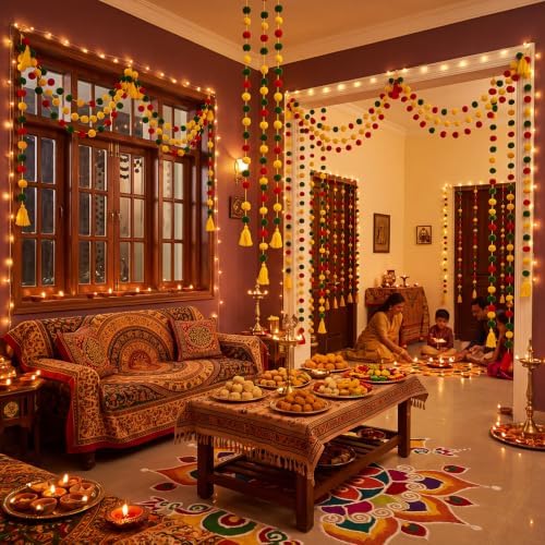 Yalikop 10 Pcs Pom Pom Garland 5 ft Diwali Party, Red,Green,Yellow - Image 6