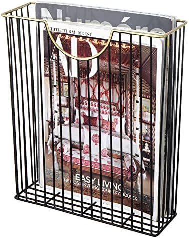 MyGift Art Deco Black Metal Wall Magazine Rack Mail Holder Brass Trim by MyGiftHome
