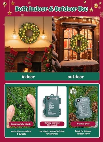 rightown 24 Inch Pre-Lit Artificial Christmas Wreaths for Front Door, Battery Operated Christmas Wreath with 50 LED Lights - Image 5