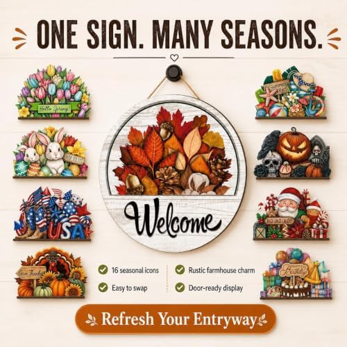 16 Pcs Interchangeable Welcome Sign for Front Door, 12 Inch Wooden Round Door Hanger with 15 Magnetic Seasonal Icons, Farmhouse Porch Entryway Decor for Holiday & Year Round，3Set - Image 5