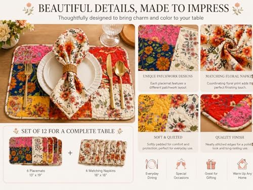 12-Piece Quilted Patchwork Placemats & Floral Napkins - Image 4