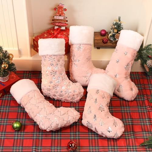 Pink Christmas Stockings Set of 5 - Lage Elegant Faux Fur Xmas Stockings with Silver Christmas Tree Snowflake Designs, Pink Christmas Decoration for Holiday Party Home - Image 2