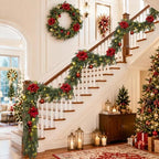 Christmas Garland 9FT Decorations Cedar Cypress Garland with Berry Pine Cone Poinsettia Balls Artificial Green Garland with Lights for Mantle, Fireplace, Table, Stairs, Indoor Outdoor Decorations - Image 5