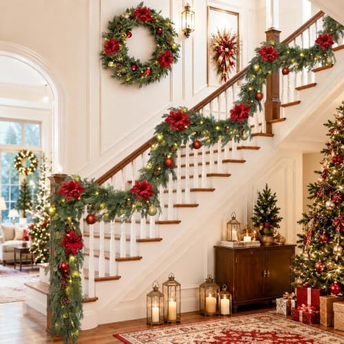 Christmas Garland 9FT Decorations Cedar Cypress Garland with Berry Pine Cone Poinsettia Balls Artificial Green Garland with Lights for Mantle, Fireplace, Table, Stairs, Indoor Outdoor Decorations - Image 5