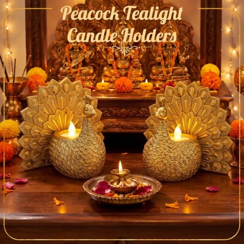 Sawysine Antique Diwali Peacock Decor Gold Peacock Tealight Candle Holder - Image 2