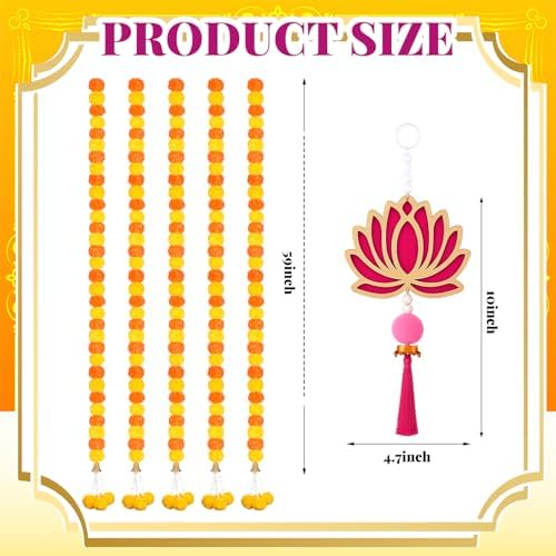 11 Pcs Diwali Decoration 5 Pcs 4.92 ft Marigold Garland Decoration with String Light 6 Lotus Hanging Ornament Indian Decor for Pooja Artificial Marigold Garlands for Wedding Home Temple Party Decor - Image 2