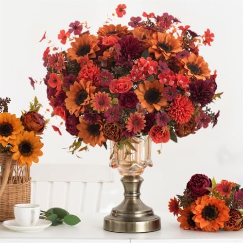 Mixed 10 Pcs Fall Artificial Sunflower Peony Bouquet, Burnt Orange Burgundy Silk Faux Flower, Autumn Faux Floral Arrangements for Wedding Table Centerpiece DIY Thanksgiving Farmhouse Outdoor Decor - Image 4