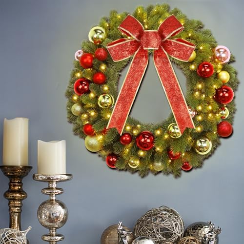 Juegoal 21 Inch Pre-Lit Christmas Wreath with Metal Hanger, Lighted Xmas Folded Wreath with 60 LED Lights, Red Bow and Colorful Balls, Battery Operated & Timer for Outdoor Home Window Wall Front Door - Image 3