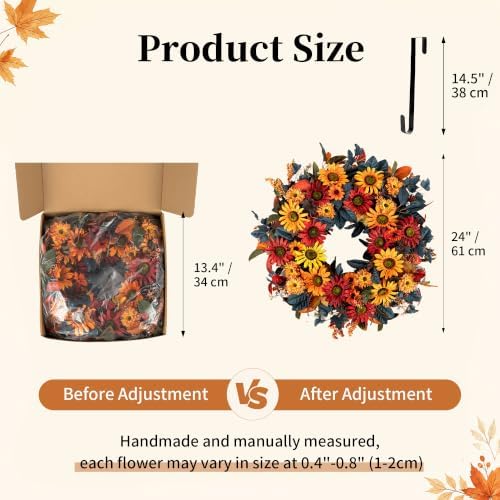BLOSMON 24in Fall Wreaths for Front Door, Sunflower Fall Wreath with Hanger - Image 3