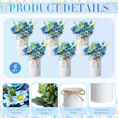 Domensi 6 Sets Wedding Centerpiece for Table Decoration Blue Artificial Fake Rose Flower with Metal Vase Faux Silk Rose Bouquet Floral Arrangement for Bridal Shower Home Dining - Image 3