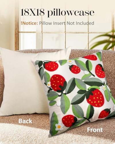 Embroidered Throw Pillow Covers 18x18 Inch - Set of 2 Summer Decorative Pillow Covers with Zipper Aesthetic Cute Design Throw Pillowcases for Couch Sofa Bed, Leaf Strawberry - Image 4