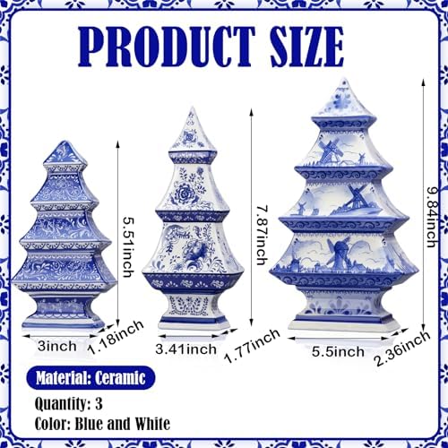 Soaoo 3 Pcs Blue and White Christmas Ceramic Figurines Decor, Xmas Tree - Image 3