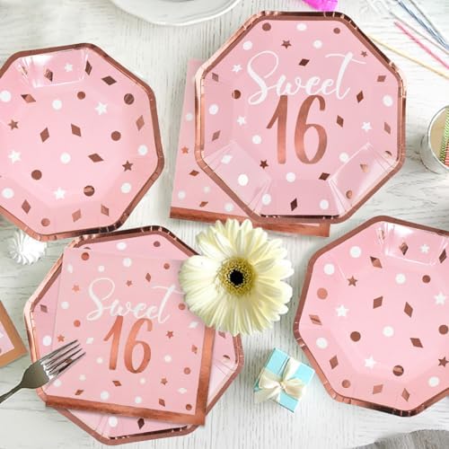 Rose Gold & Pink Sweet 16 Birthday Bundle: Party Supplies Set with paper Plates, Napkins, Cups, Tablecloth & Banner - Sweet Sixteen Decorations, Party Favors ，Serves 25 - Image 3